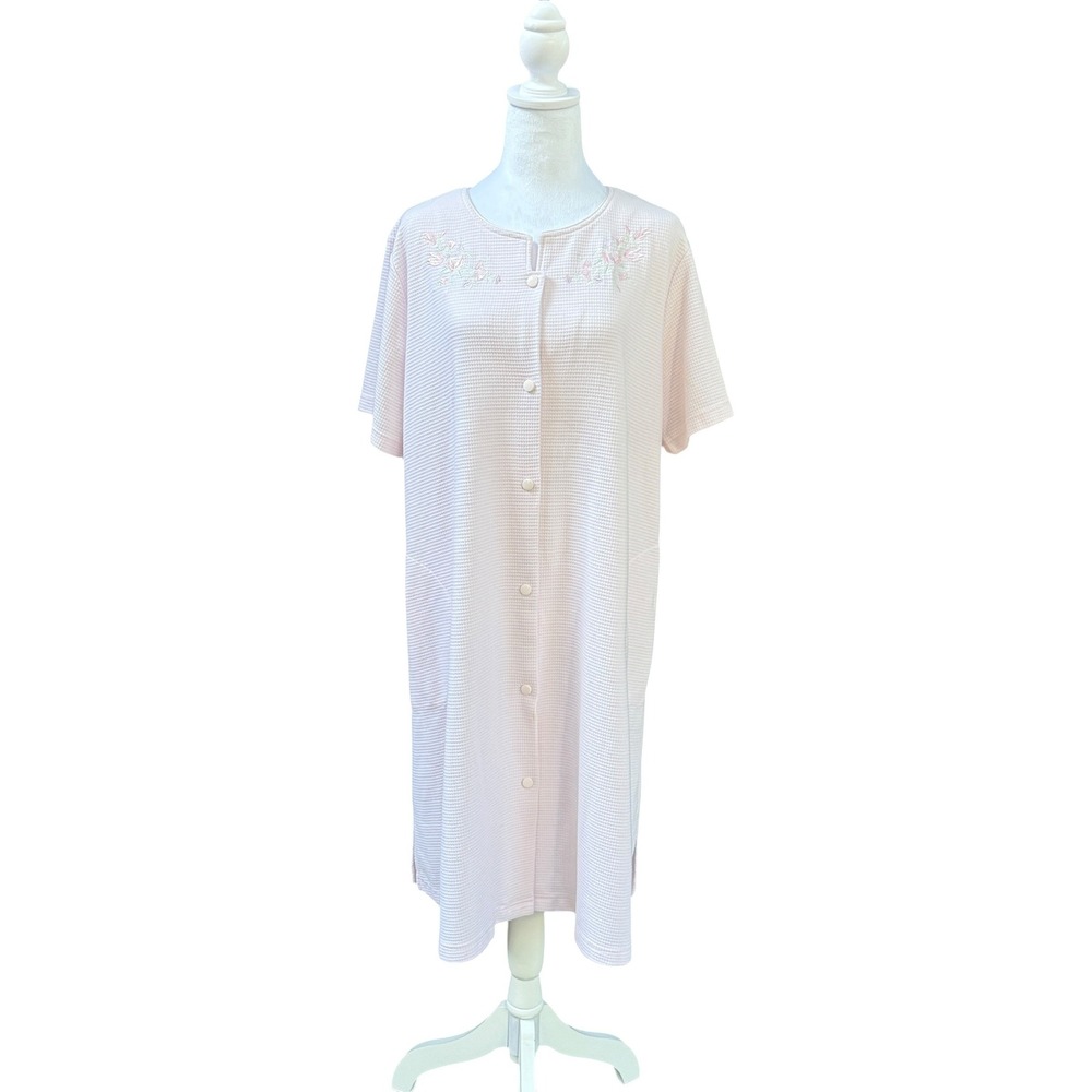 Vintage Miss Elaine Duster Robe Womens Large Pink Waffle Knit Floral Pockets
